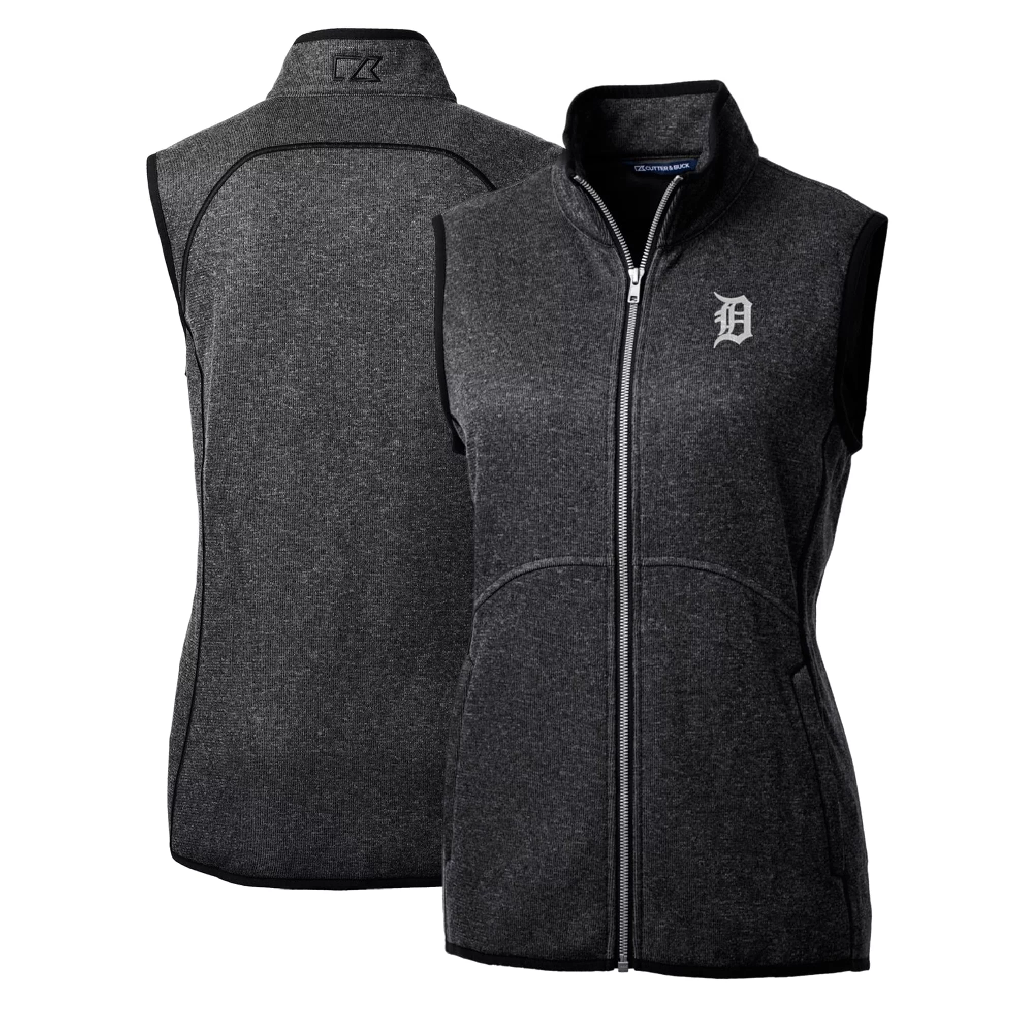 Women's Cutter & Buck Heathered Charcoal Detroit Tigers Mainsail Sweater-Knit Full-Zip Vest