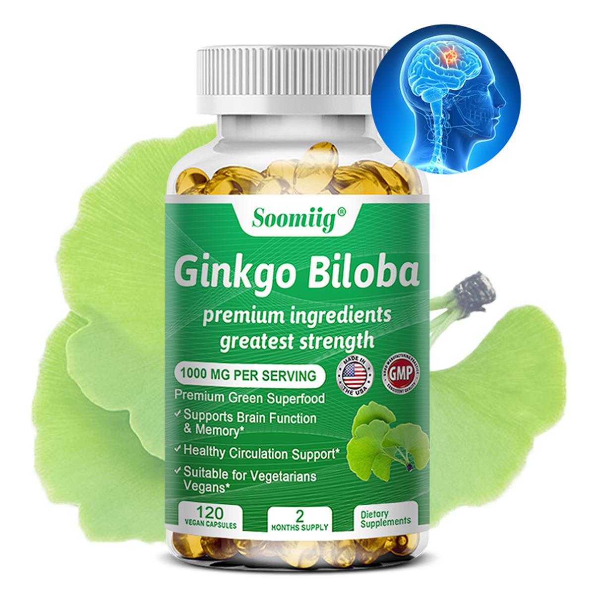 Soomiig 1000mg Ginkgo Biloba Capsules - Supports Memory, Focus and Brain-enhancing Supplement - 30/60/120 Capsules