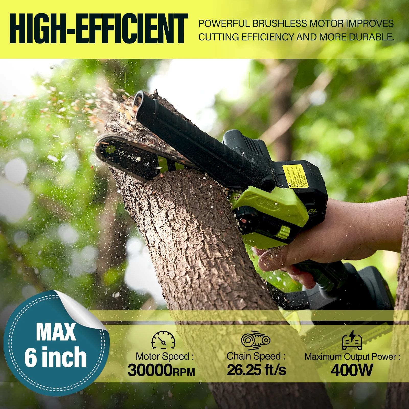 Saker 6 Inch Mini Chainsaw, 21V Upgrade Brushless Cordless Electric Chain Saw, One-Handed Rechargeable Electric Cordless Chainsaw for Tree Trimming Branch Wood Cutting(2 Batteries & 2Chains)