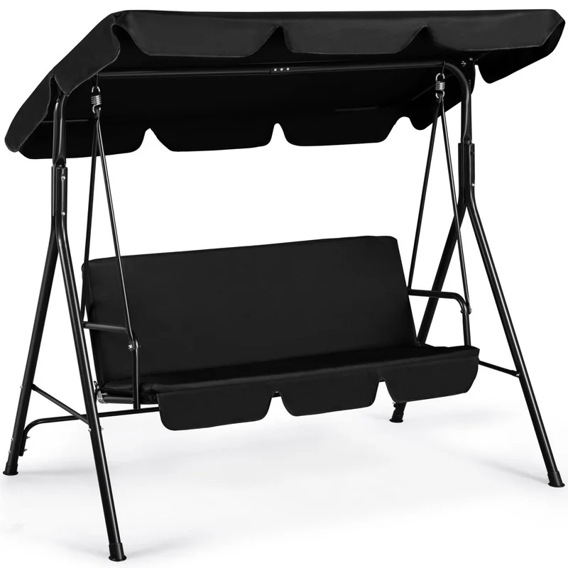 3-Person Outdoor Patio Swing Chair, Canopy Swing w/Removable Cushion, Convertible Canopy Hanging Swing Glider Lounge Chair, Black