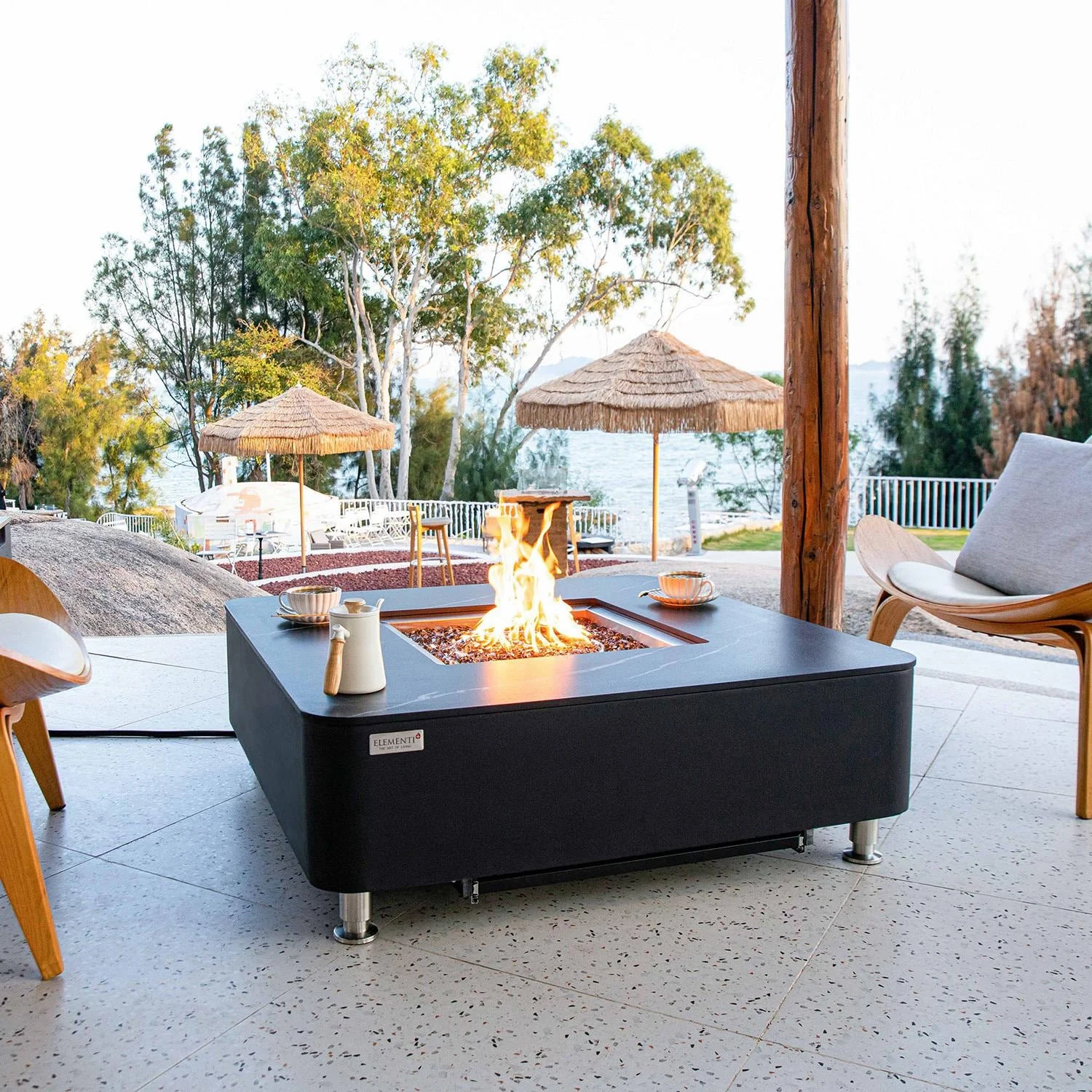 Crossview 42 Inch Square Porcelain Natural Gas Fire Pit Table in Black By Lakeview Outdoor Designs