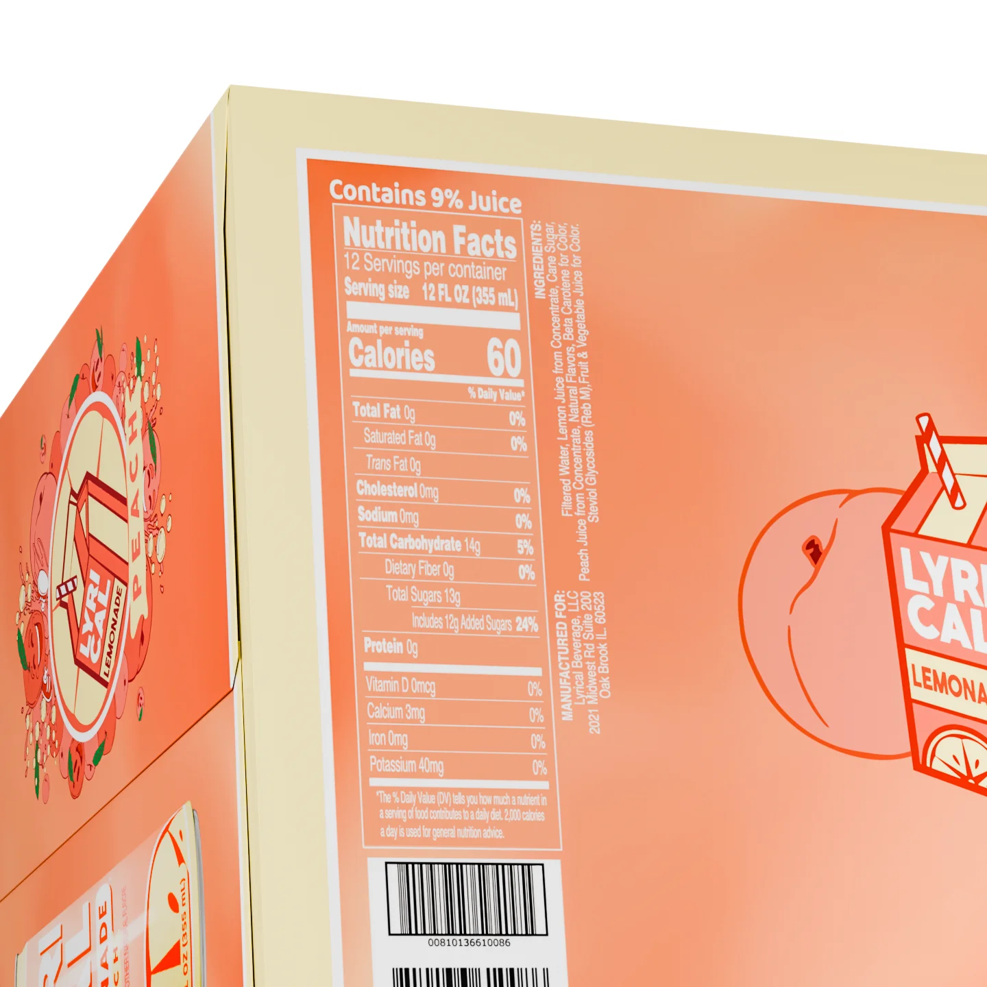 Lyrical Lemonade, Peach Juice Drink, 12 fl oz, 12 Pack Cans