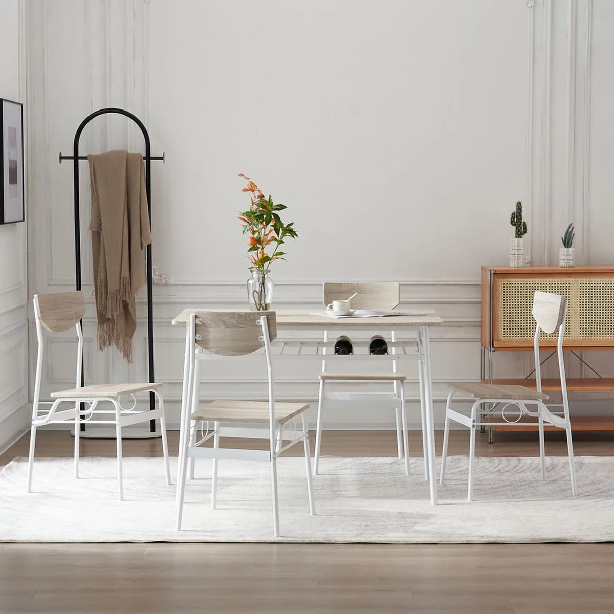 Fithood Rectangular Disassembly and Assembly P2 Board Iron Compartment 1 Table 4 Chairs Dining Table and Chair Set Brown Butternut