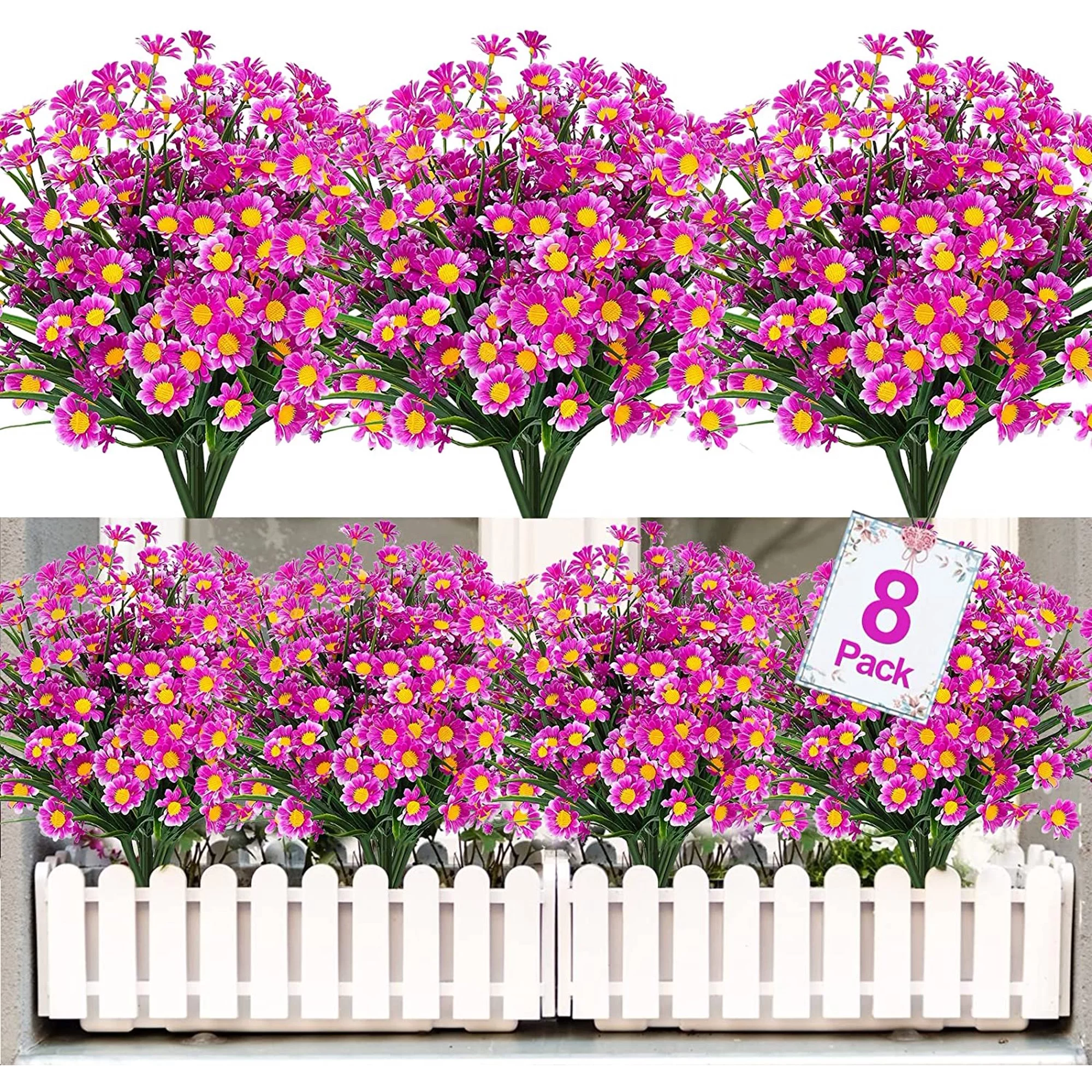 8 Bundles Artificial Daisy Flowers Outdoor Fake Flowers Plants for Spring Decoration No Fade Faux Plastic Flower Garden Porch Window Box Decor（Fuchsia）