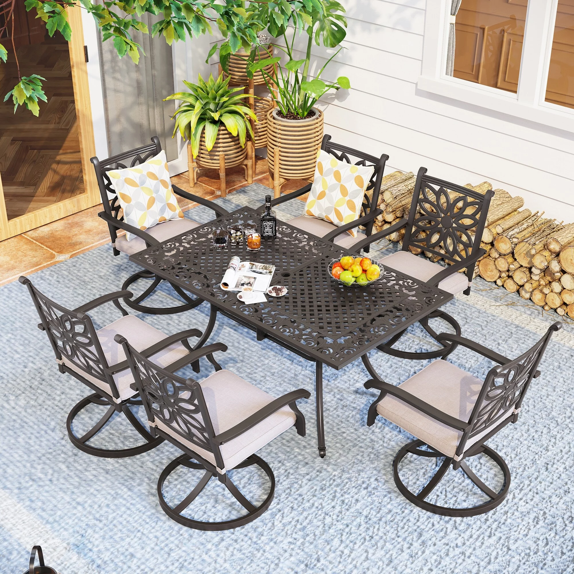 7-Piece Cast Aluminum Patio Dining Set with Rectangle Dining Table & 6 Cast Aluminum Patio Chairs Swivel Chairs