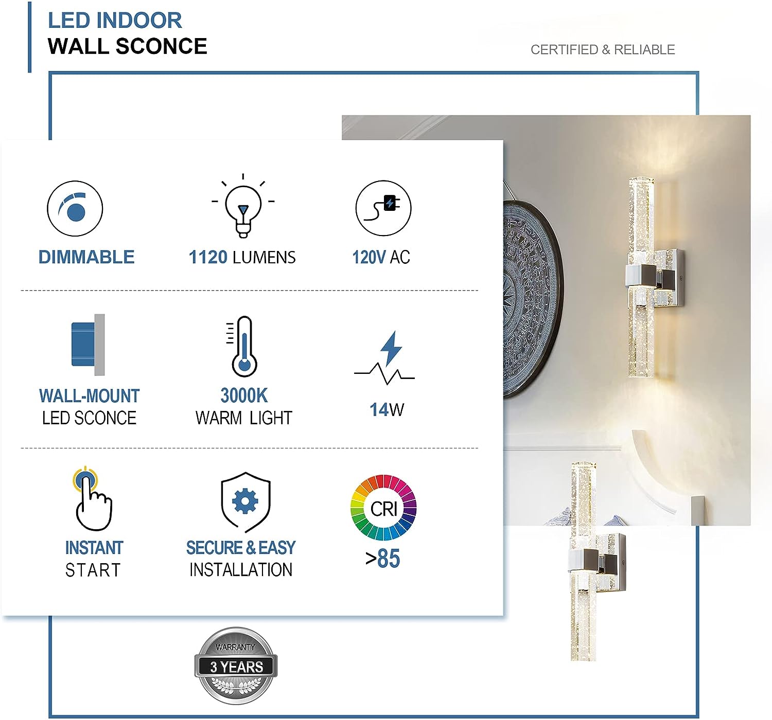 Wall Sconces Set of Two - Crystal Sconces Wall Lighting 14W Dimmable LED Bathroom Vanity Light Fixtures Chrome Bubble Wall Lights for Bathroom Hallway Bedroom Living Room (2 Pack)