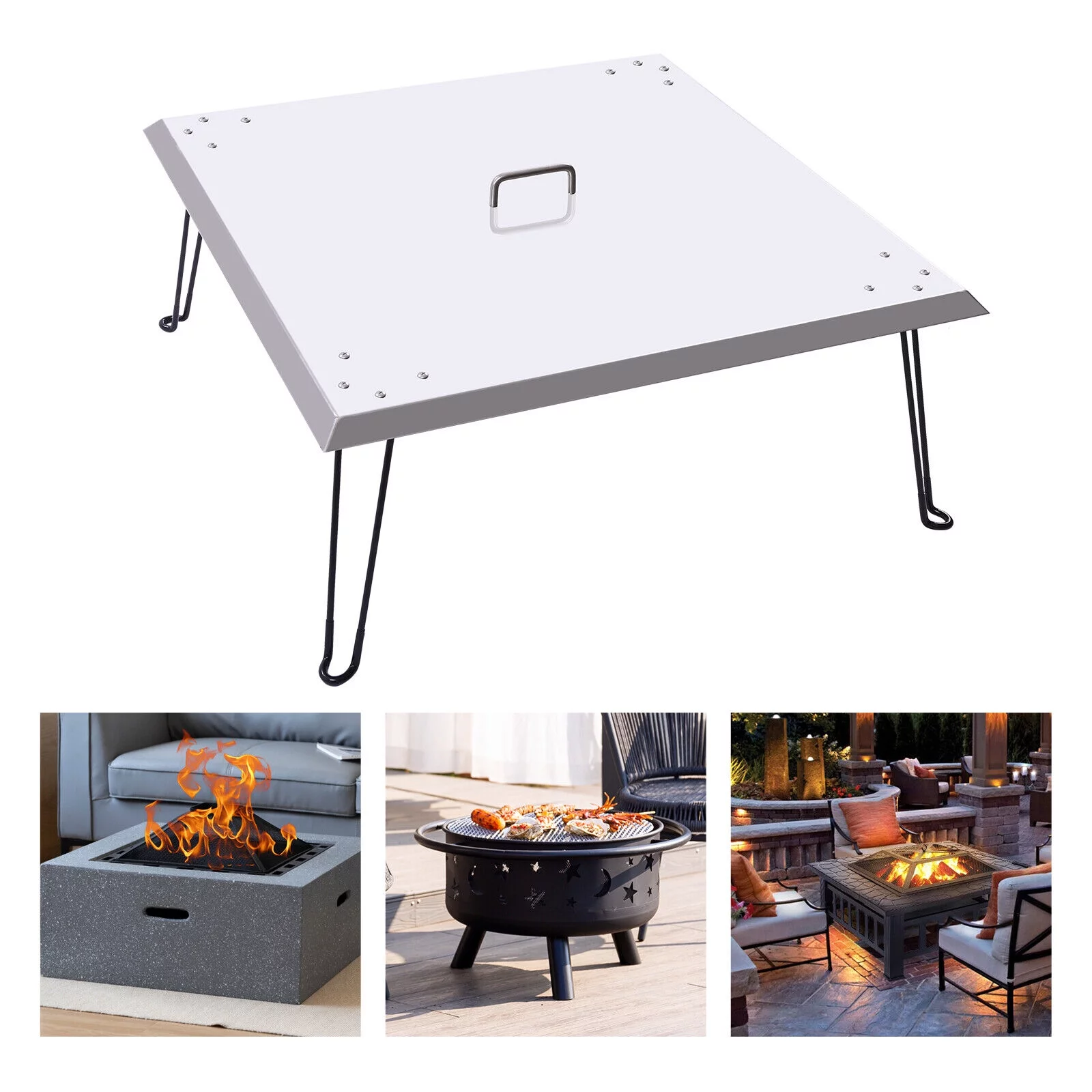 FETCOI Fire Pit Burner Cover Stainless Steel Handle Foldable Heater Shelter Rectangular
