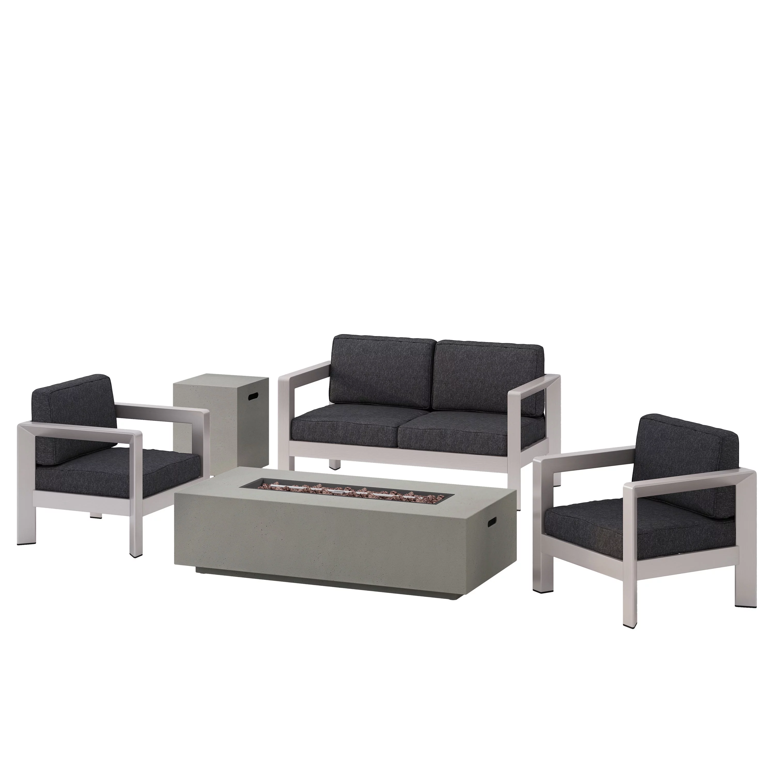 GDF Studio Rinehart Outdoor Aluminum 4 Seater Chat Set with Fire Pit, Silver, Dark Gray, and Light Gray