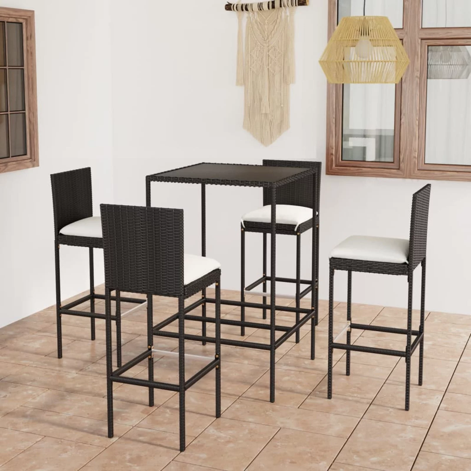 5 Piece Patio Bar Set with Cushions Poly Rattan Black