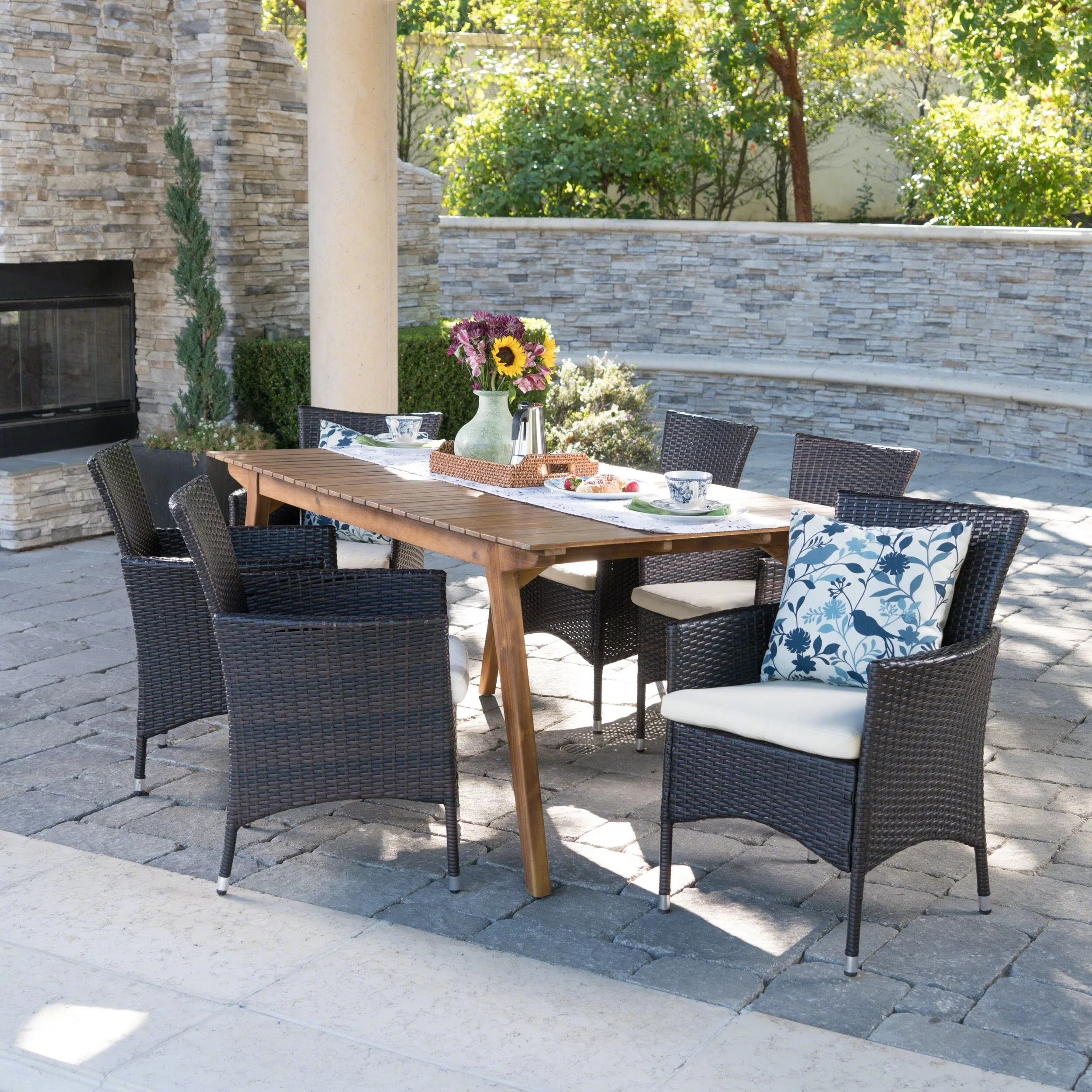 Christopher Knight Home Saba Outdoor 7-Piece Rectangle Wicker Wood Dining Set with Cushions by