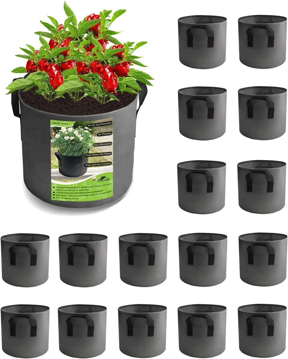 Smirdx 16 Pack Grey 5 Gallon Plant Grow Bags with Handles, Washable Fabric Pot, Durable Reusable Raised Garden Bed for Vegetable, Easy Move Planting Container for Potato, Carrot, Onion, Tomato