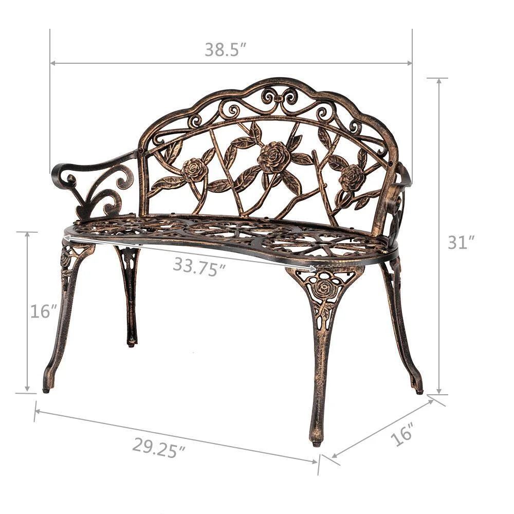 Garden Bench Chair Porch Park Cast Aluminum Garden Rose Antique Deck Backyard