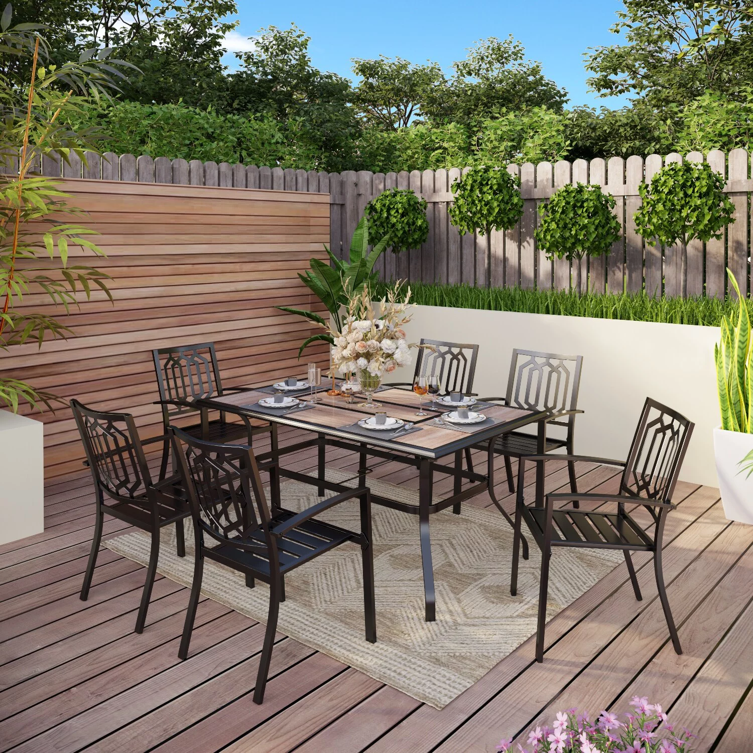 7 Pieces Patio Dining Set Steel Outdoor Furniture Set with 6 Steel Garden Chairs and 1 Patio Umbrella Table