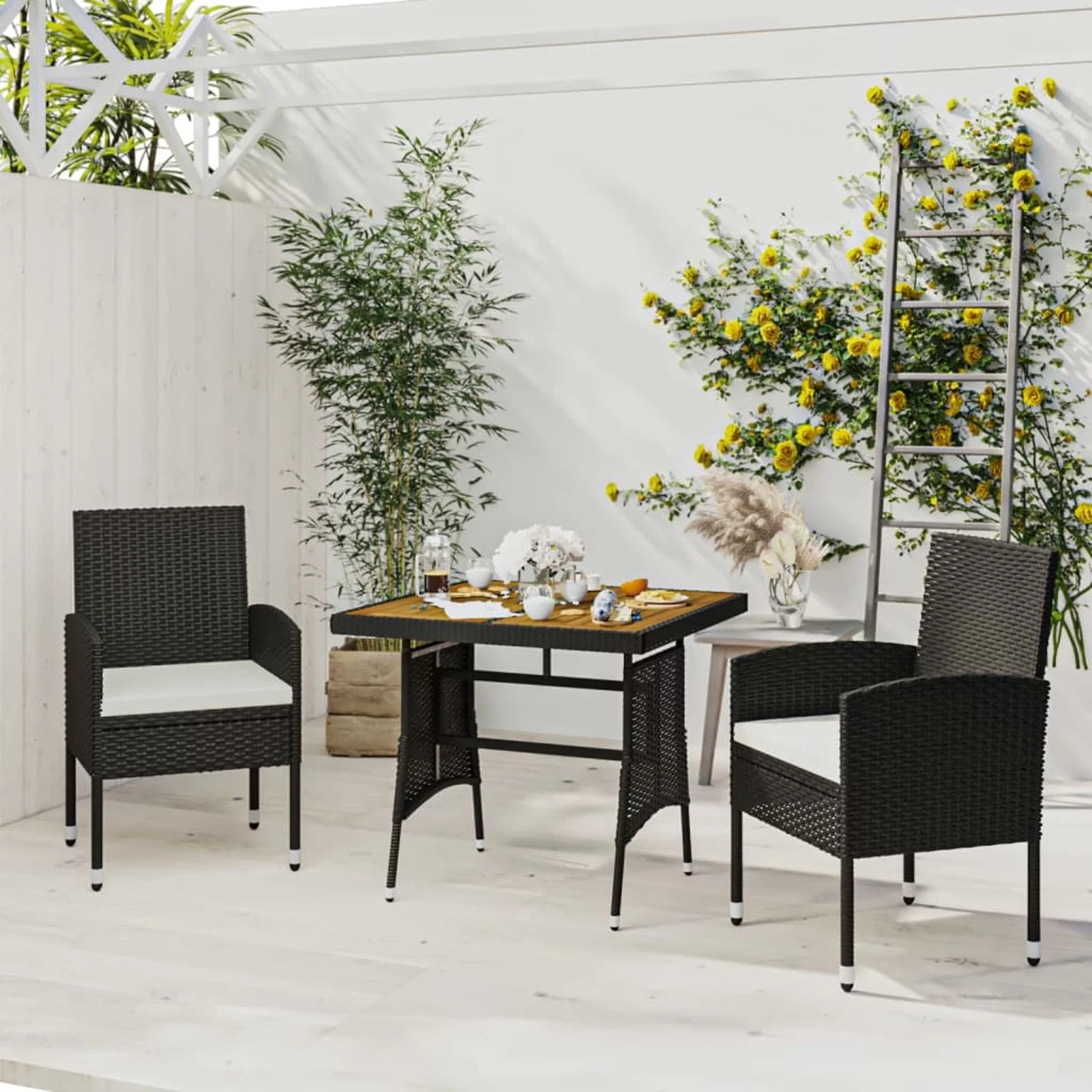 Tomshoo 3 Piece Patio Dining Set Poly Rattan Black