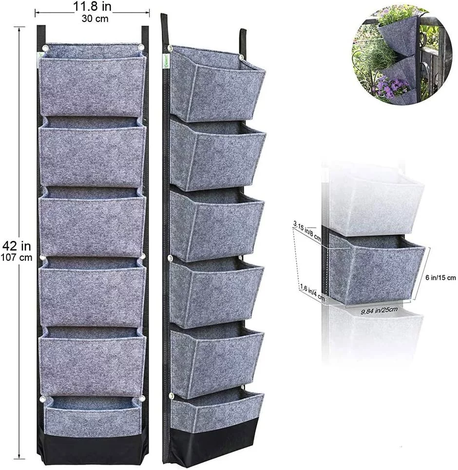 BUYTER Vertical Wall Hanging Garden Planter with 6 Pockets Flower Pots Felt Planter Grow Container Bags (Grey)