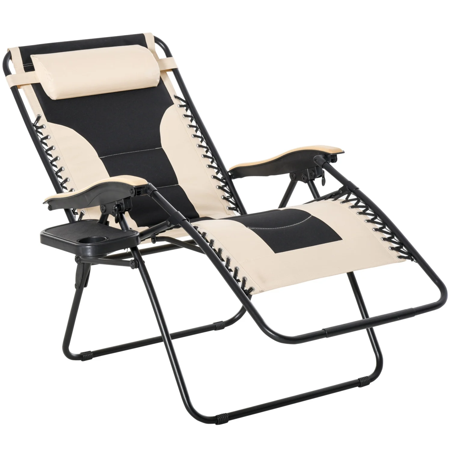 SQEWRED Foldable Outdoor Lounge Chair with Footrest  Oversized Padded Zero Gravity Lounge Chair with Headrest  Cup Holders  Armrests for Camping  Lawn  Garden  Pool  Beige
