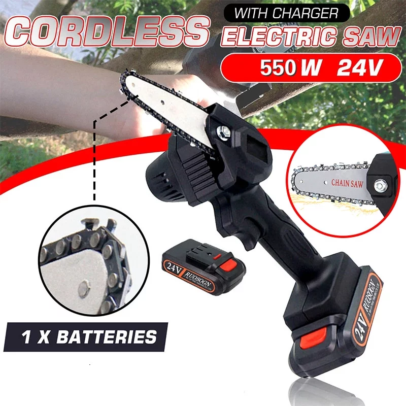 4-Inch Cordless Electric Protable Chainsaw One-Hand, Pruning Shears Chainsaw for Tree Branch Wood Cutting, Black