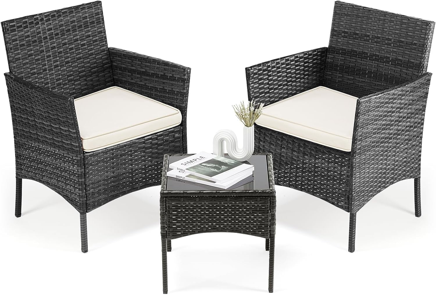 RSJIWOGZ Sweetcripy Patio  Set 3 Pieces  Outdoor  with Soft Cushion and Glass   All Weather Manual Weaving Wicker Rattan Patio Chairs for Garden  Terrace  Porch(Black and Beige)
