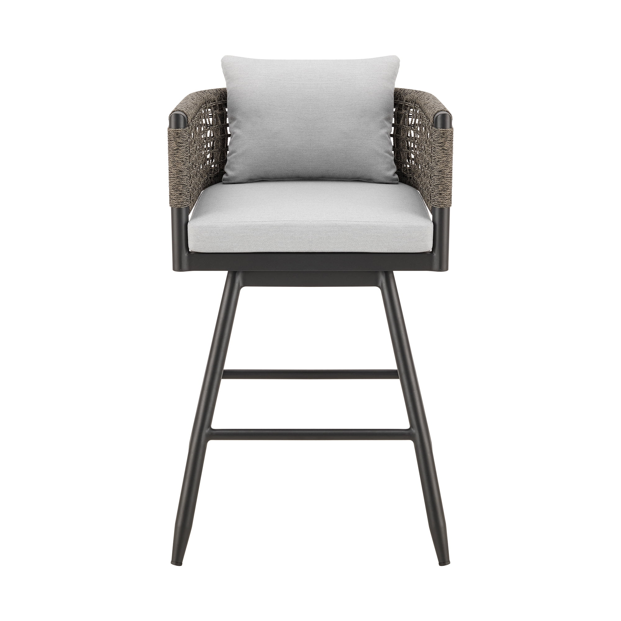 Alegria Outdoor Patio Swivel Counter Stool in Aluminum with Gray Rope and Light Gray Cushions