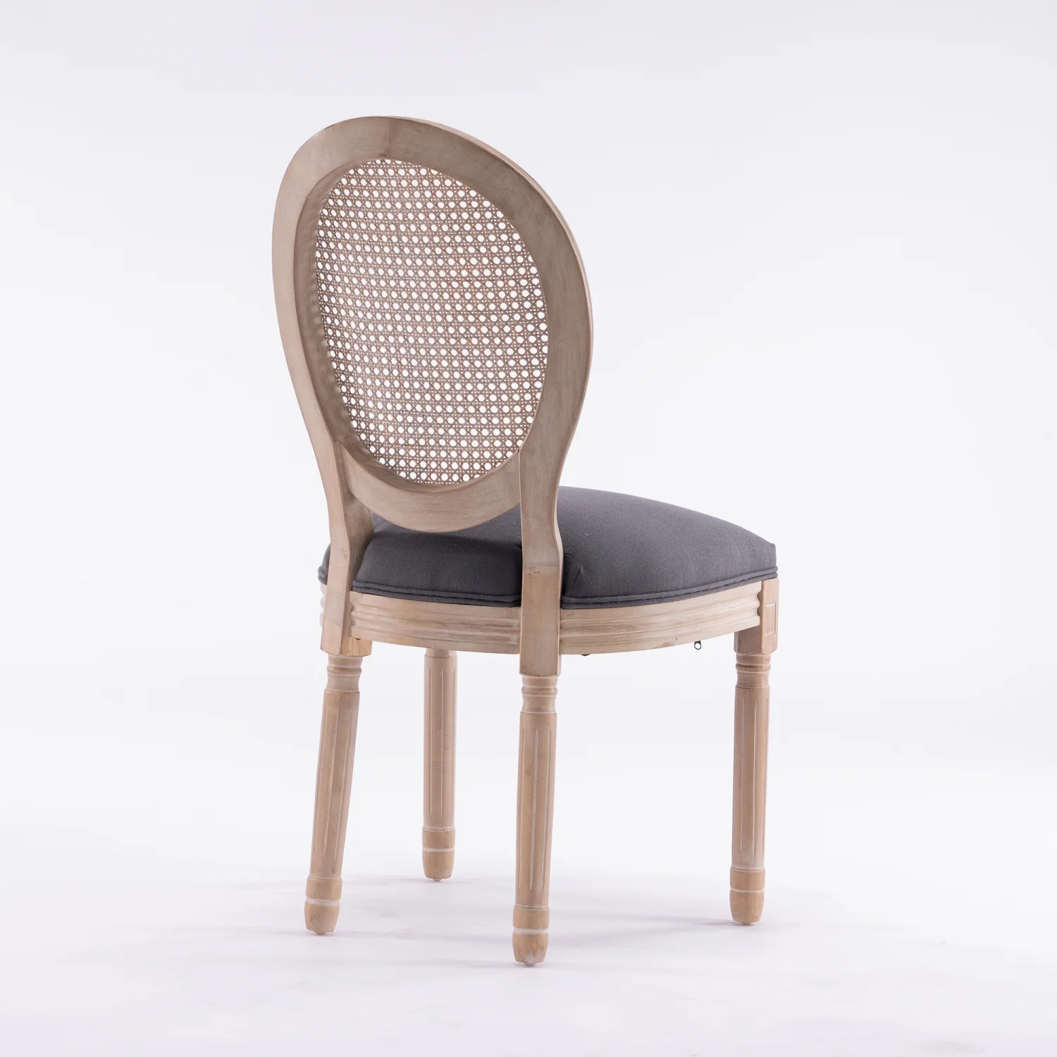 Set of 2 Elegant French Style Gray Linen Fabric Dining Chairs with Solid Wood Frame and Rattan Back