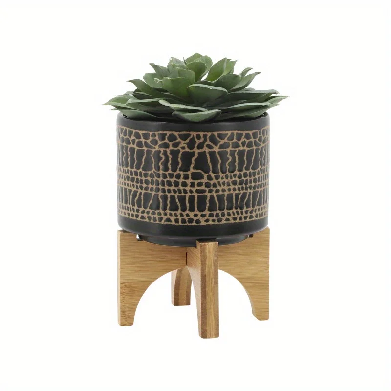 Glazed Planter W/Stand, Black