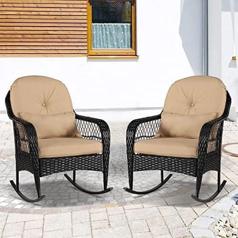LNSETGC 2pcs Outdoor Wicker Rocking Chair - Garden Patio Yard Porch Lawn Balcony Backyard  All- Weather Wicker Rocker Chair with Cushions (2PCS Khaki)