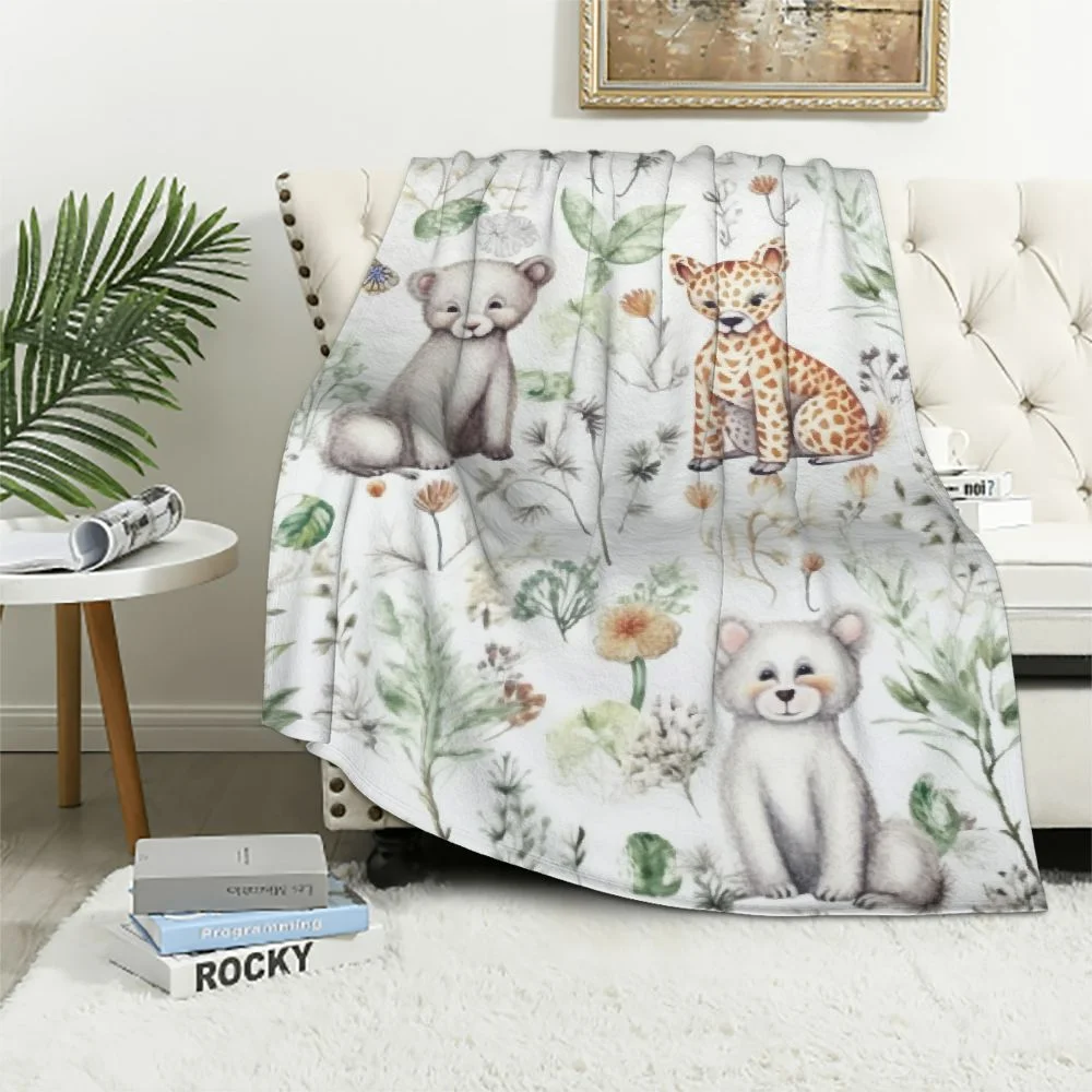 TIAOTIAOHOU  Toddler Girls African Safari Jungle Animals Blanket Gift, Nursery Giraffe Elephant Lion Zebra Cheetah Flannel Swaddling Cloth, Green Plant Soft Newborn Kid Crib Bedding White