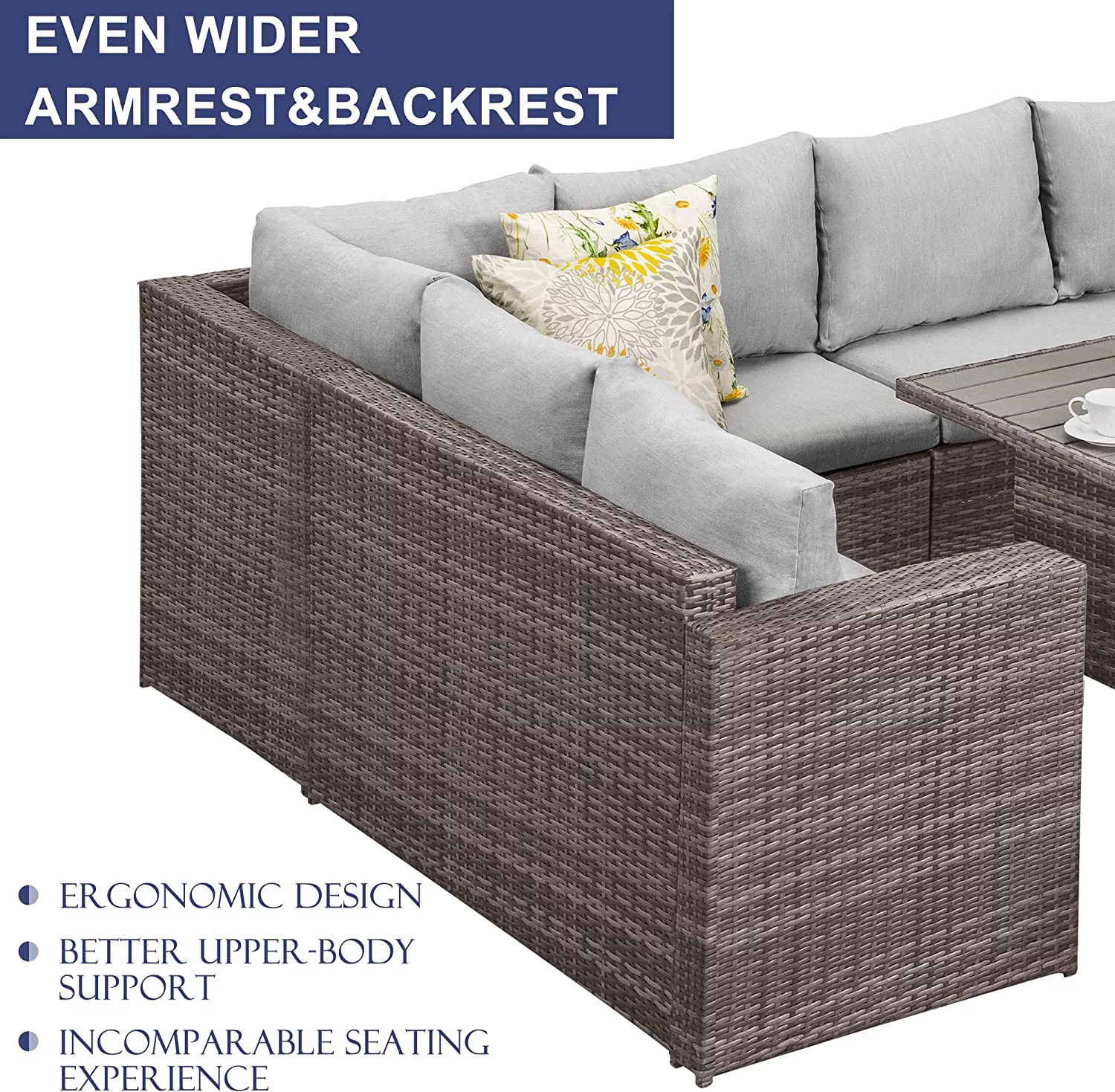 Homiyad 7-Pieces PE Rattan Wicker Patio Dining Sectional Cusions Sofa Set with Grey Cushions