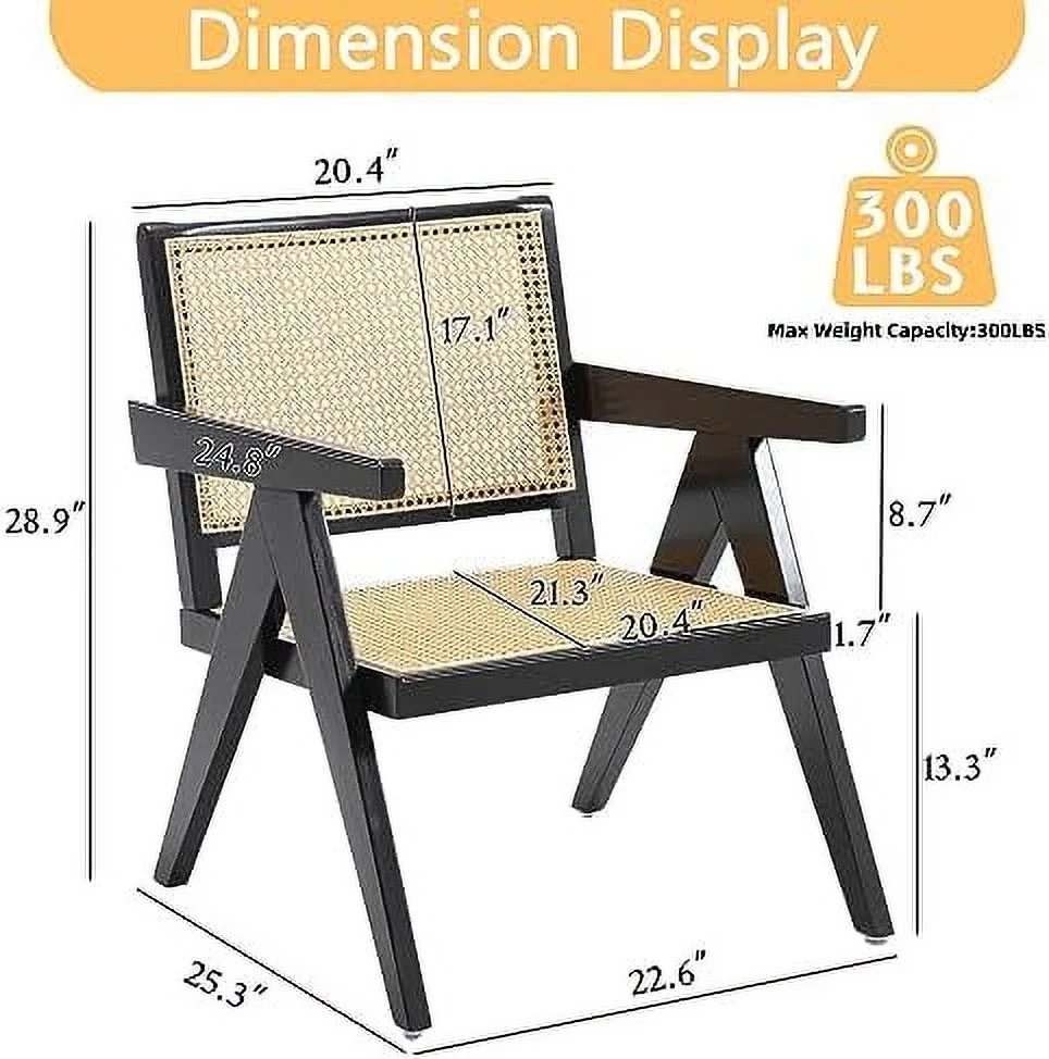 GFVCNIO Rattan Accent Chair 1 PC  Wooden Comfy Living Room Chairs with Woven Backrest & Seat  Solid Leisure Armchair  Mid-Century  Cane Lounge Chairs for Bedroom  Patio  Balcony  Blac