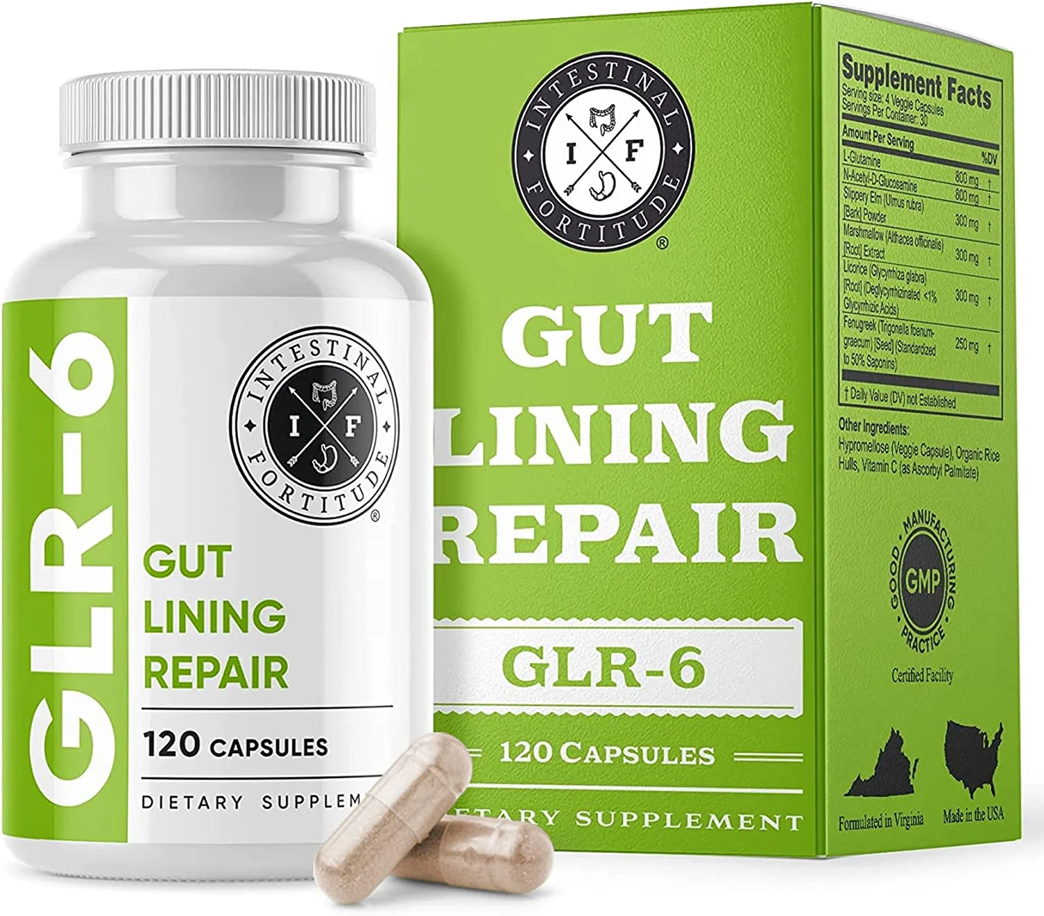 GLR-6 - Gut Lining Repair Supplement for Gut Health - Leaky Gut Repair with L-Glutamine, Slippery Elm, DGL Licorice Root, Marshmallow Root, Fenugreek - IBS, IBD, GERD
