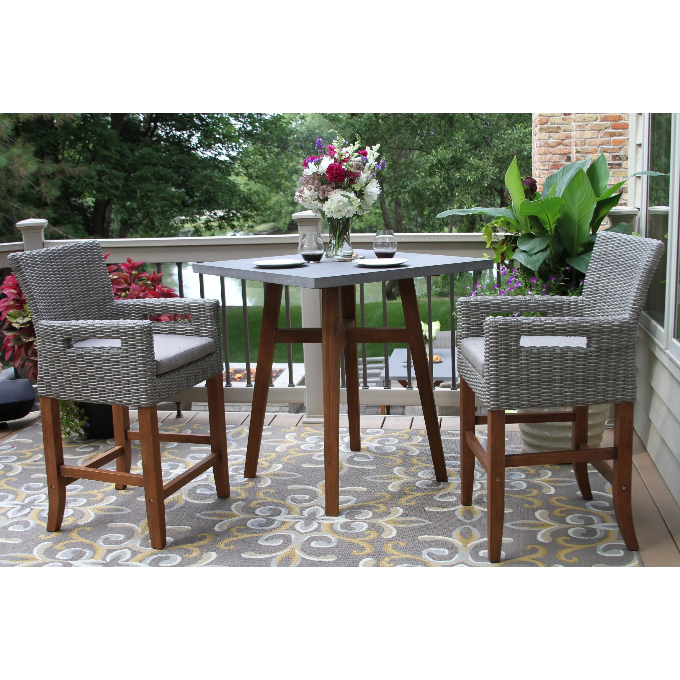 Eilaf 3 pc. Eucalyptus Counter Height Bistro Set with Wicker Armchairs - N/A