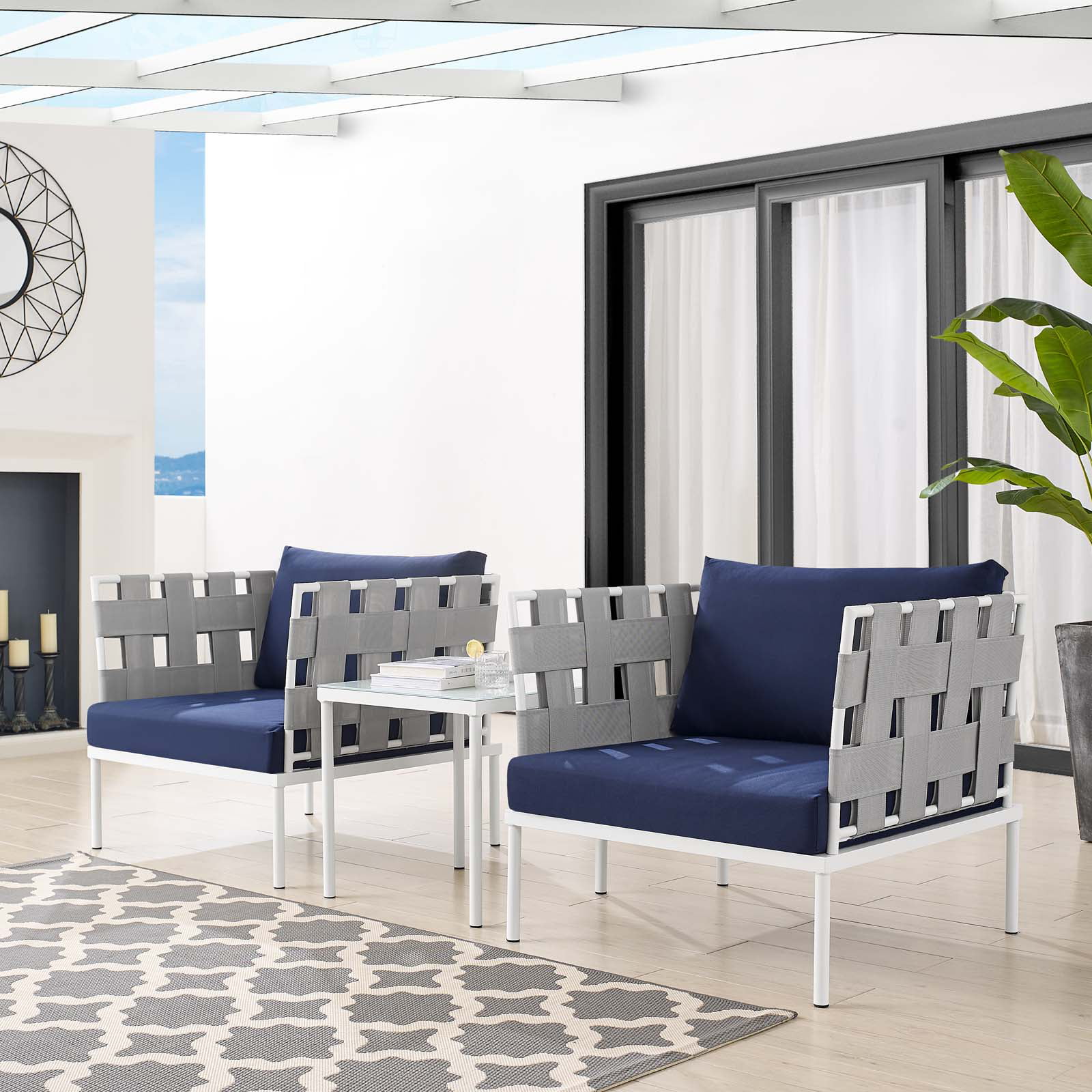 Lounge Chair Table Set, Sunbrella, Aluminum, Metal, Steel, Grey Gray Blue Navy, Modern Contemporary Urban Design, Outdoor Patio Balcony Cafe Bistro Garden Furniture Hotel Hospitality