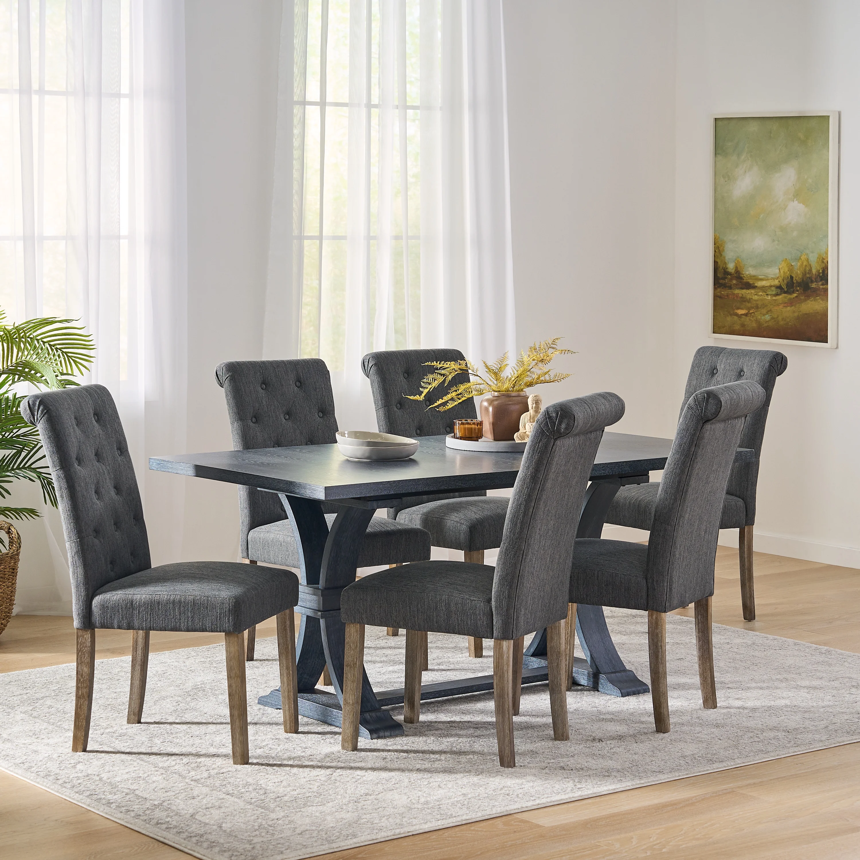 Noble House Ammy Fabric Tufted Dining Chairs, Set of 6, Beige and Natural