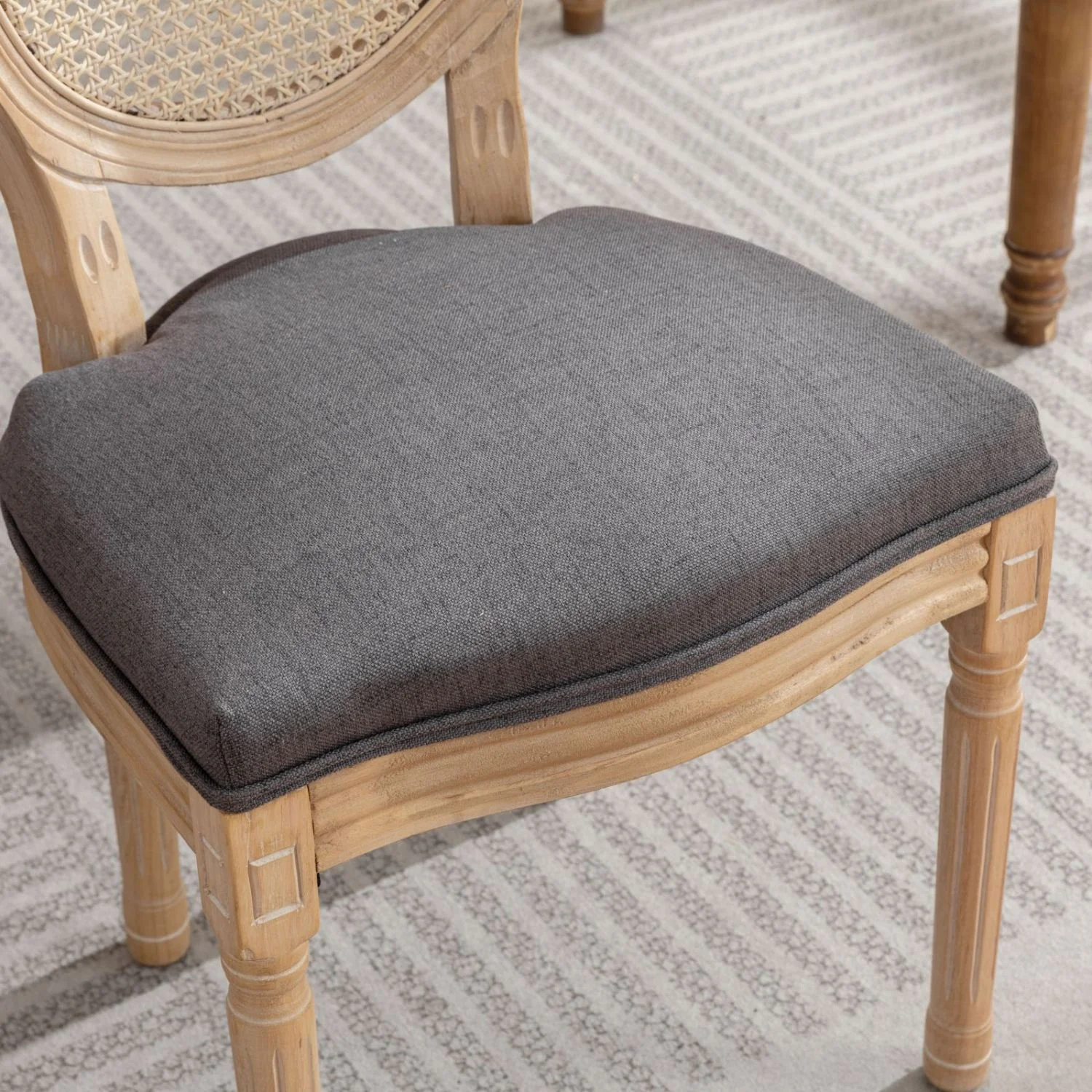 CGFHYP &  French Style Solid Wood Frame Antique Painting Linen Fabric Rattan Back Dining Chair  Gray