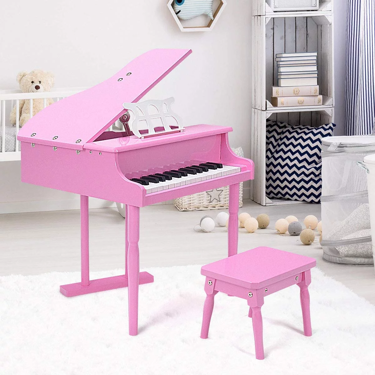 30-Key Classical Kids Piano, Mini Grand Piano Wooden Learn-to-Play Musical Instrument Toy with Bench, Piano Lid, Music Rack, Gift for Boys and Girls Aged 3+
