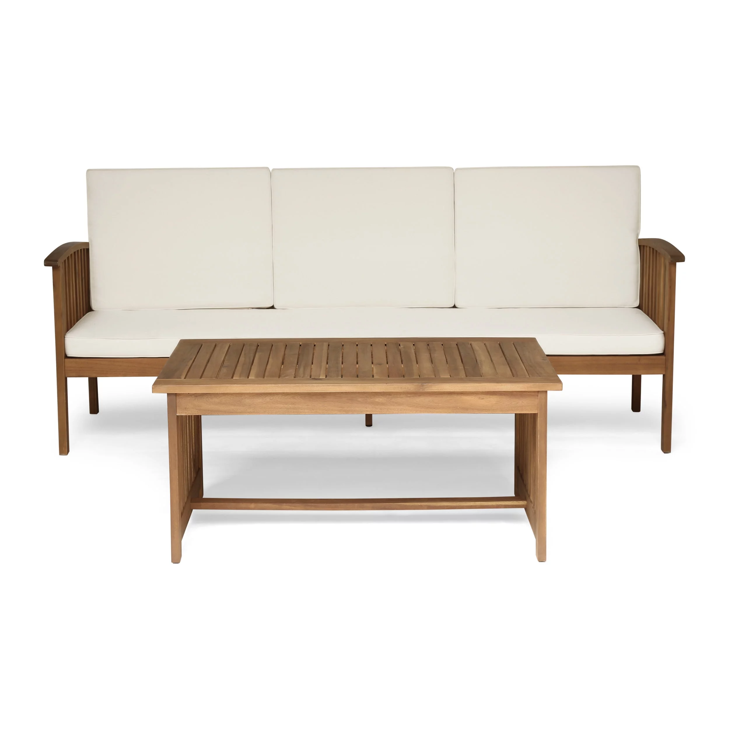 GDF Studio Giles Outdoor Acacia Wood Sofa and Coffee Table Set, Teak and Cream