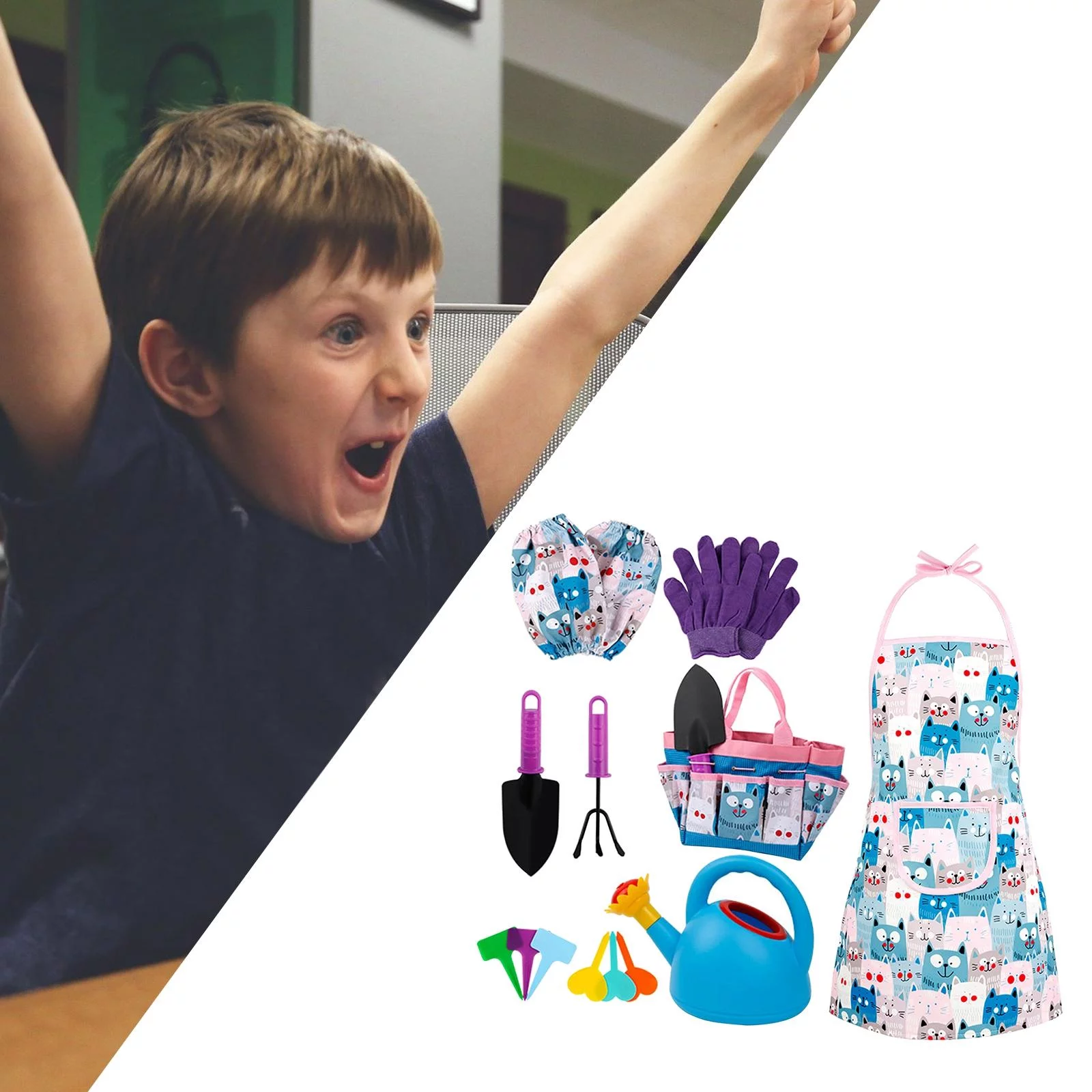 Kids Garden Tool Set, 6 Grounding Stakes, Blue Watering Can, Toddlers Gloves Cat Pattern Apron Child Rake Toys Birthday with Handbag Hand Tools