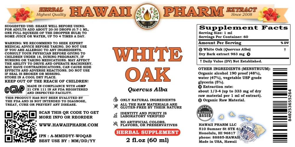 White Oak (Quercus Alba) Dry Bark Liquid Extract. Expertly Extracted by Trusted HawaiiPharm Brand. Absolutely Natural. Proudly made in USA. Tincture 2 Fl.Oz