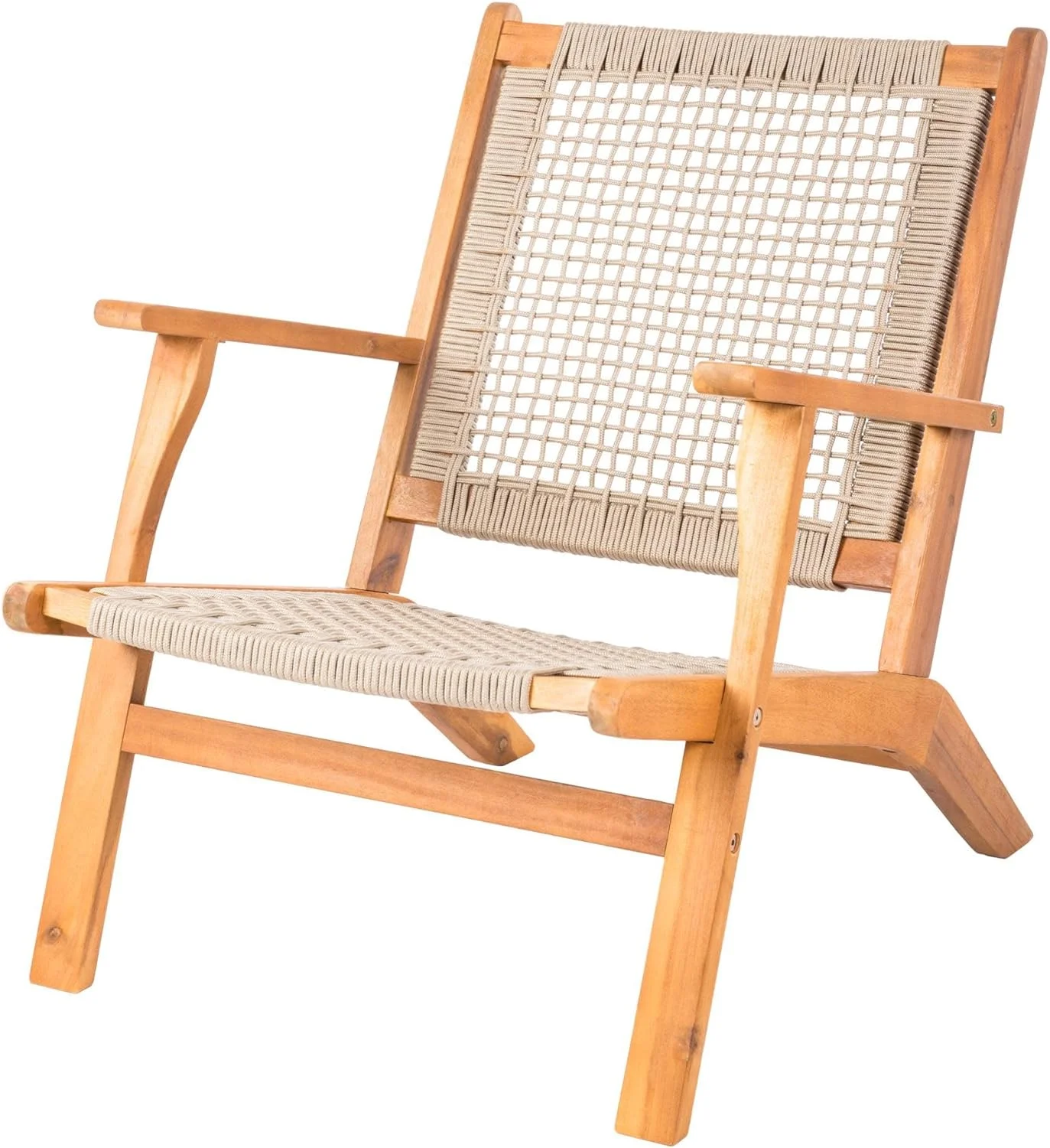 Patio Sense 62773 Vega Natural Stain Outdoor Chair Acacia Wood Construction Hand Woven Seat Mid Century Design Comfortable Reclining Armchair Patio Lawn Garden Backyard Deck - Ecru Cording