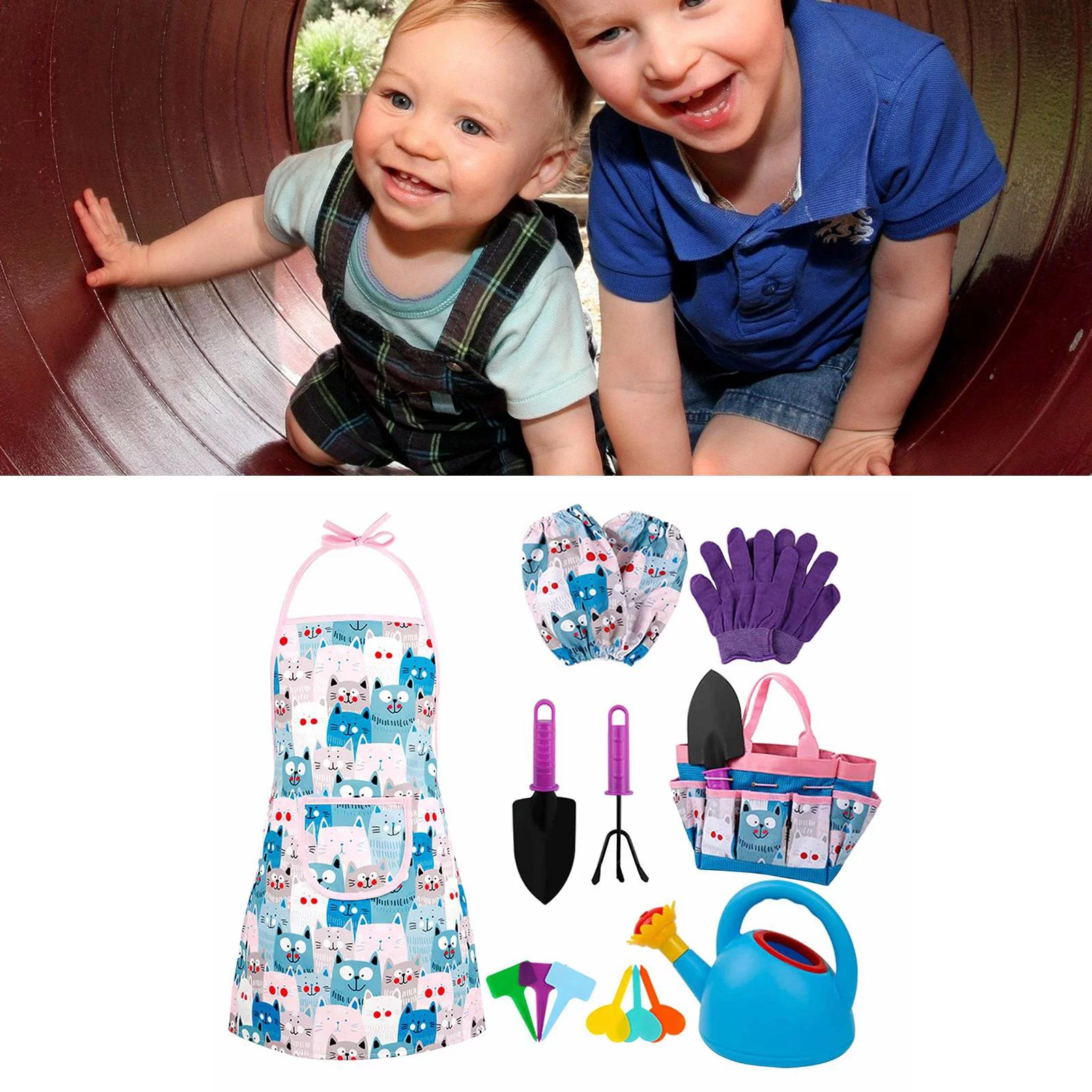 Kids Garden Tool Set, 6 Grounding Stakes, Blue Watering Can, Toddlers Gloves Cat Pattern Apron Child Rake Toys Birthday with Handbag Hand Tools