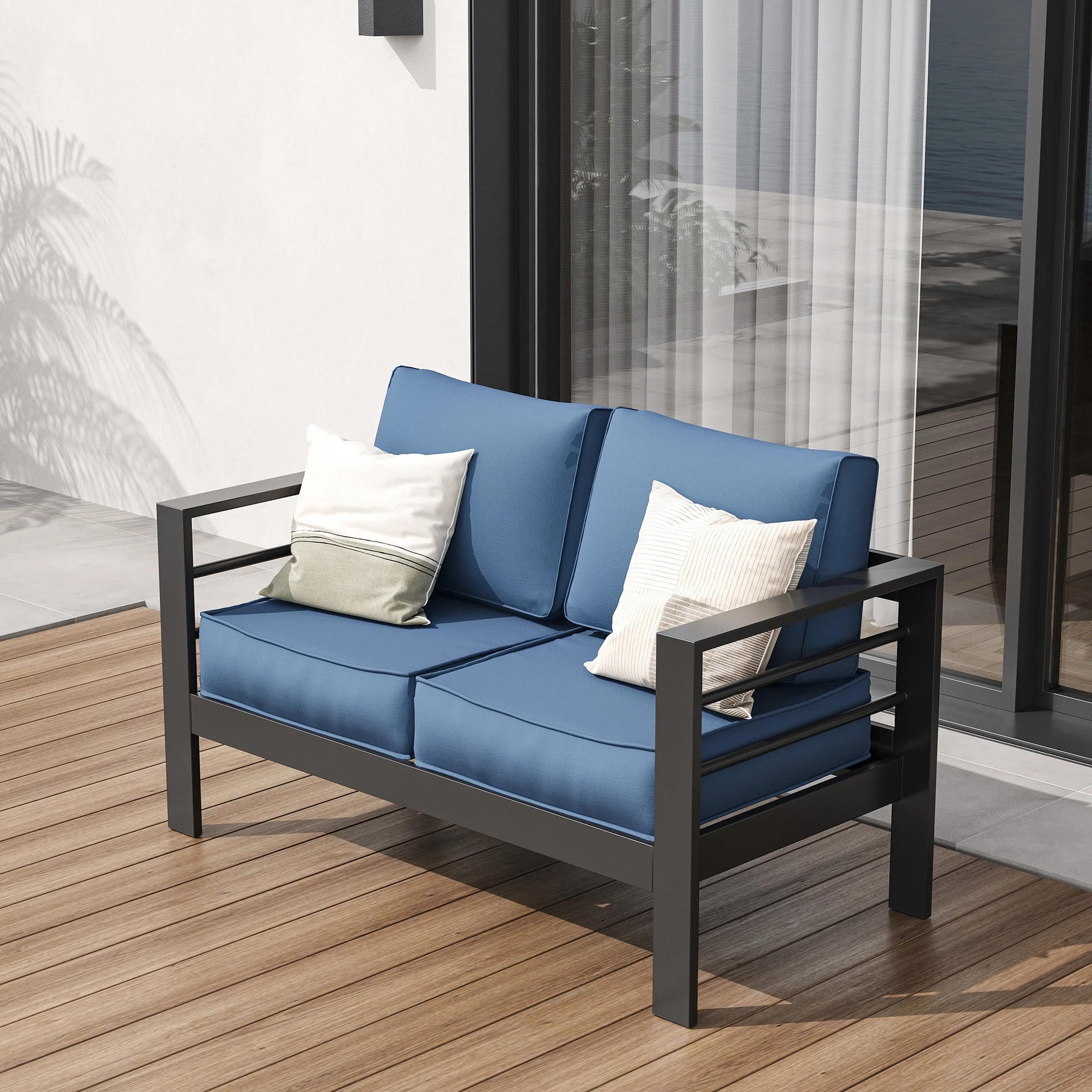 ECOPATIO Oversized Patio Furniture Aluminum Loveseat, All-Weather Outdoor 2 Seats Sofa Couch, Modern Metal Chair w/ 5 Inch Cushions,Black and Blue