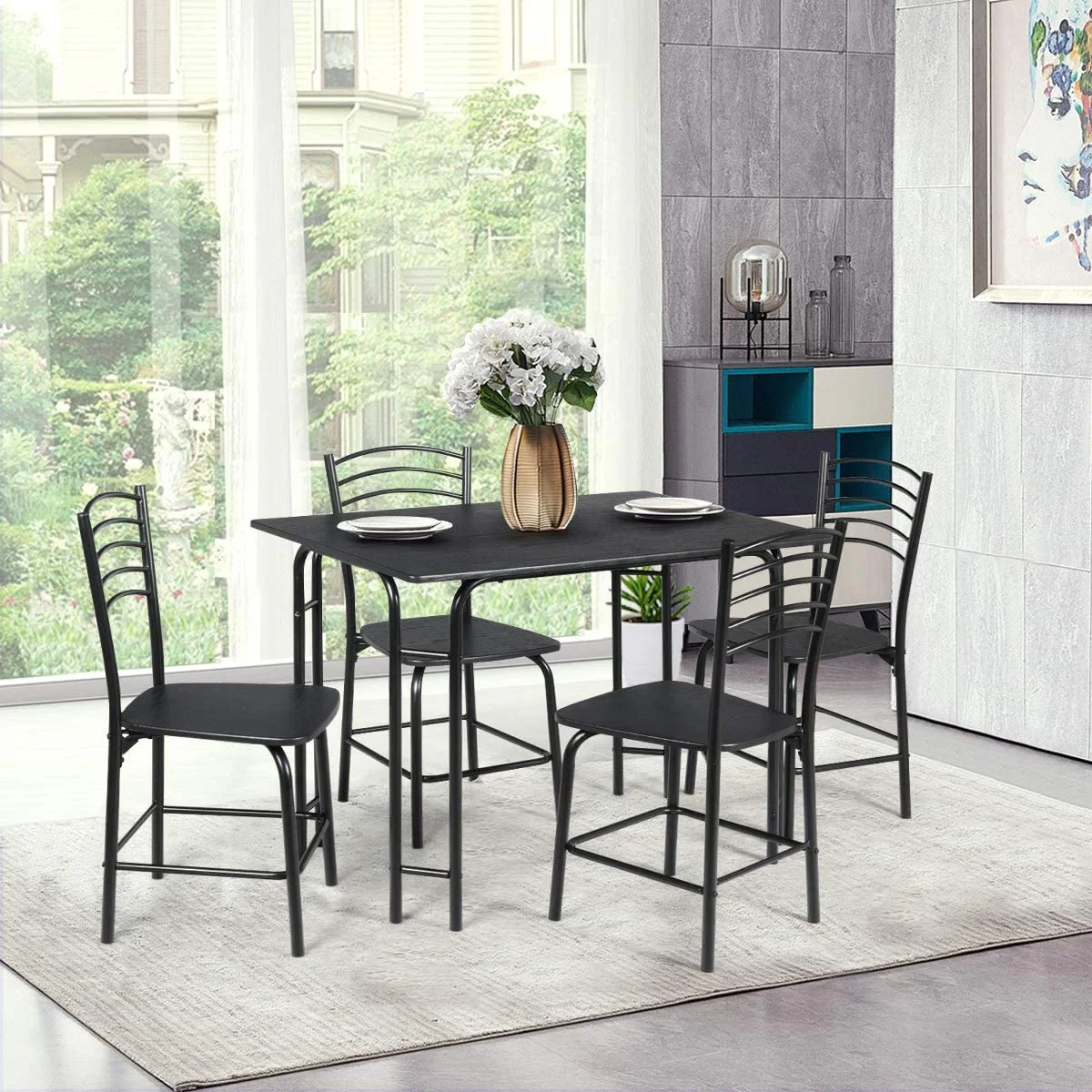 SQYUHGF Dining  Set with 4 Chairs 5-Piece Wood Kitchen  for 4 Person Rectangular  with Metal Frame (Black)