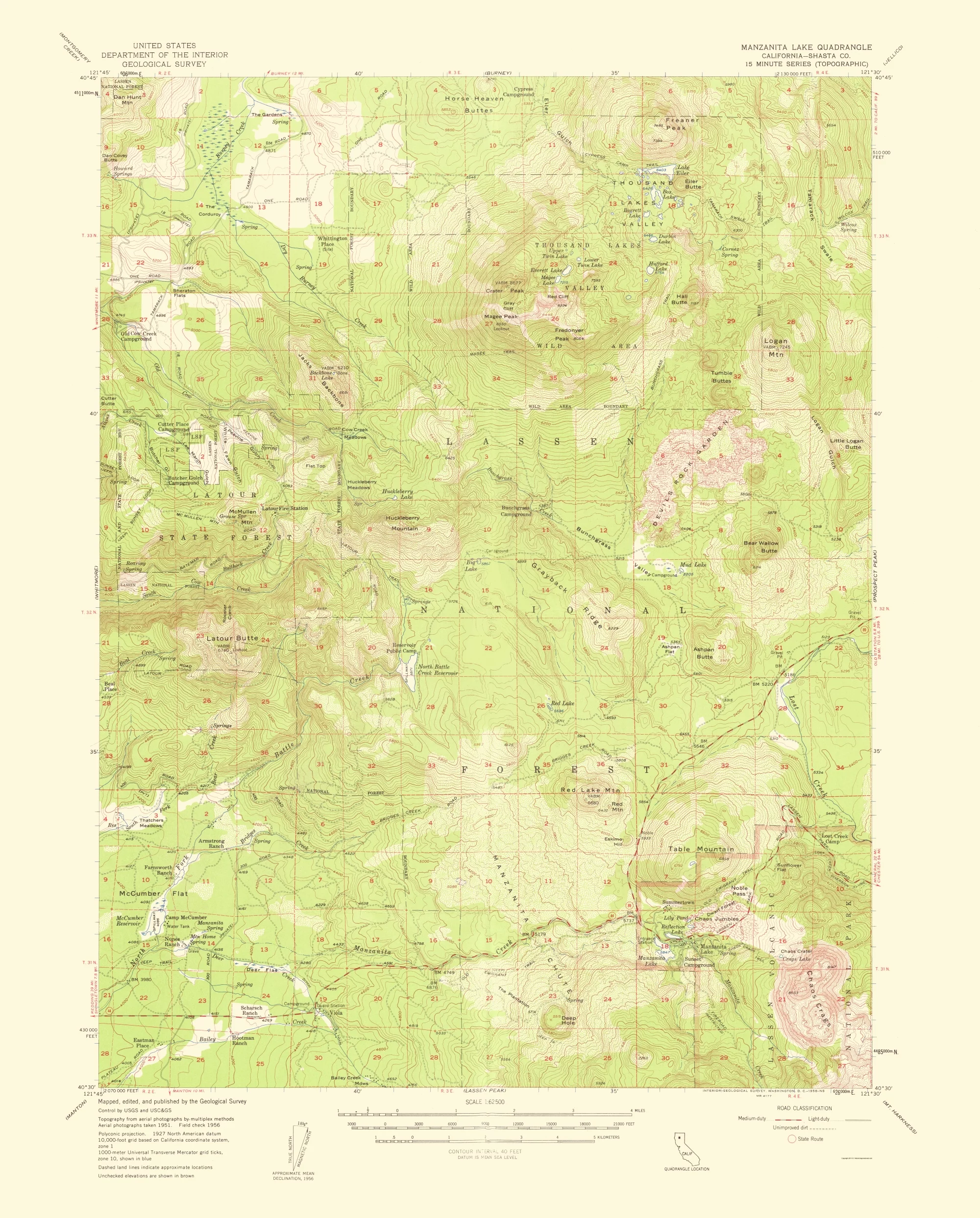 Topo Map - Manzanita Lake California Quad - USGS 1954 - 23.00 x 28.60 - Matte Canvas