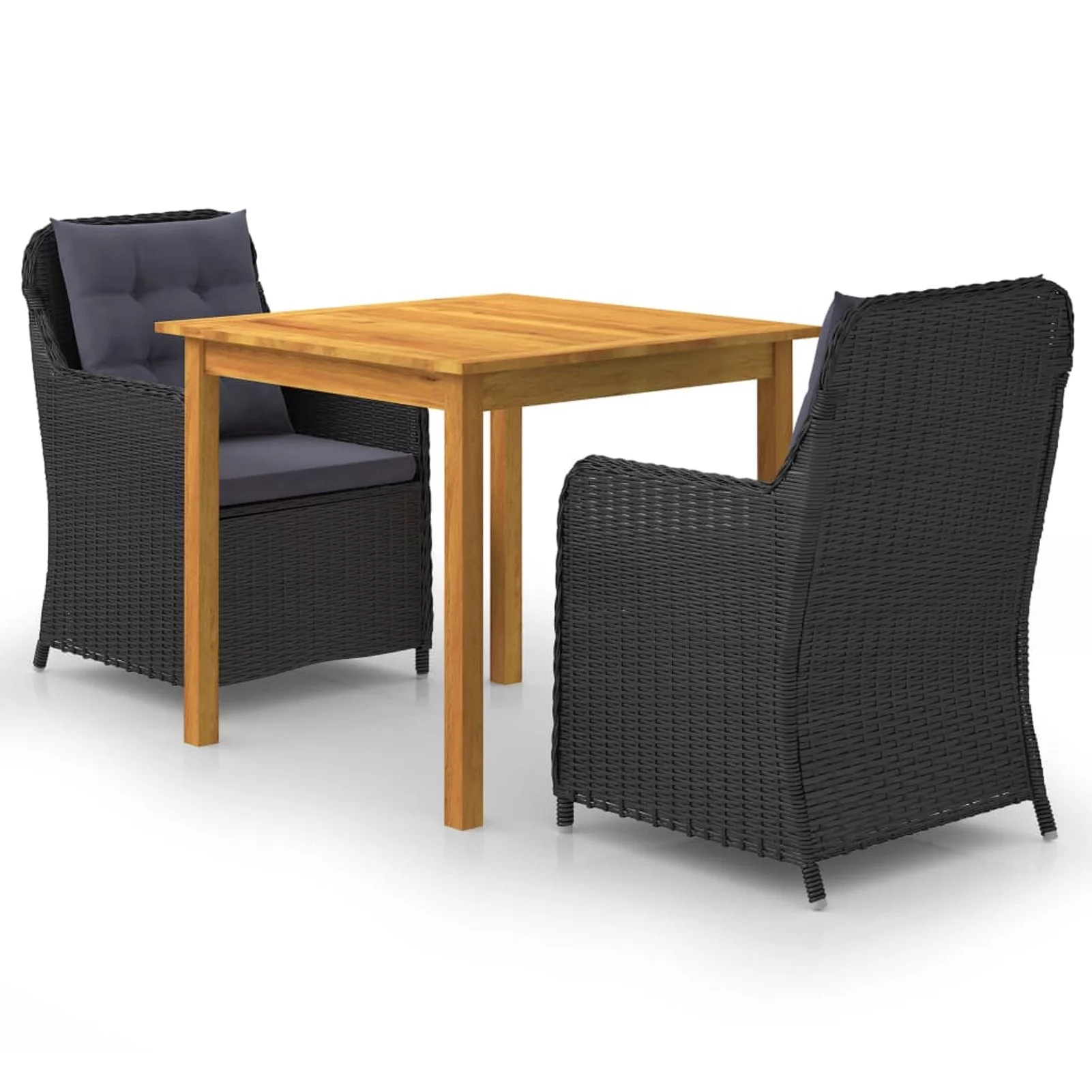 moobody 3 Piece  Dining Set Acacia Wood Table and 2 Chairs with Seat and Back Cushion Black Poly Rattan Dinner Set for Garden, Lawn, Terrace, , Backyard