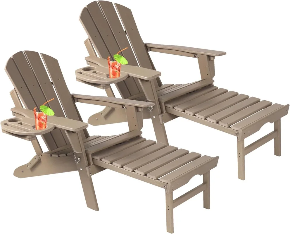 2PCS Folding Adirondack Chair with Retractable Ottoman, HDPE All-Weather Resistant Adjustable Backrest Adirondack Chair w/4 in 1 Cup Holder Trays, Wood Texture Brown
