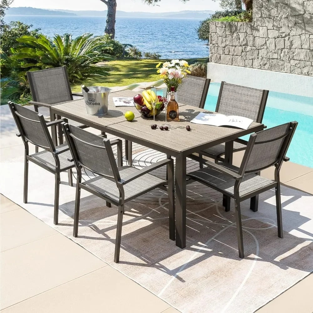 BeiWei 7-Piece Terrace Dining Outdoor Furniture Set with Weatherproof Table and 6 Stackable Chairs for Garden（Brown）