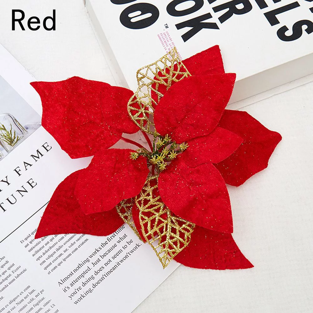 5PCS Home Christmas Gift Party Supplies DIY Fake Flower Artificial Flowers Xmas Tree Decorations Glitter Poinsettia RED
