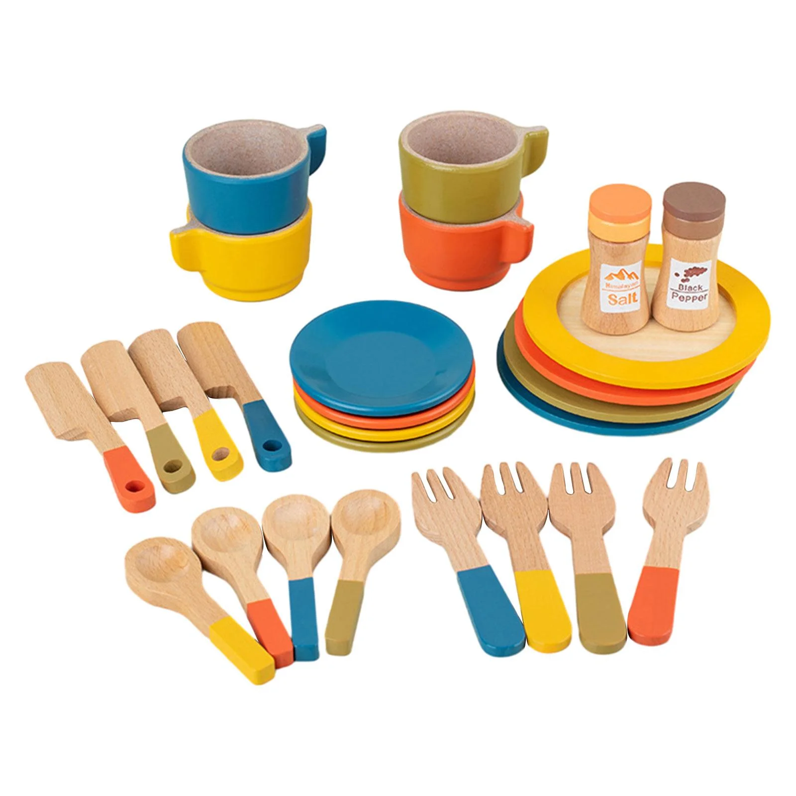 MERIGLARE Wooden Toy Plates Dishes Montessori Role Play Forks Cups Spoons Simulation Play Dishes for Kids Pretend set for Kids