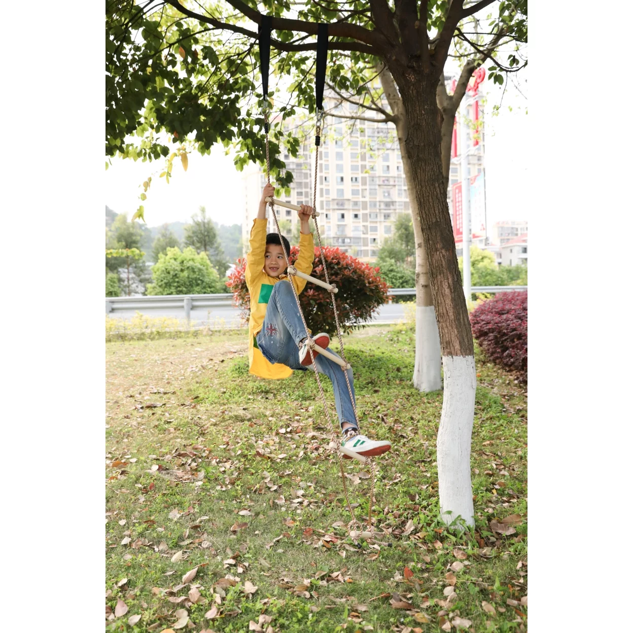 Wooden Swings with 4 Included Ropes, Tree Swing, Swing Bar, Climbing Rope Ladder and Swing Seat