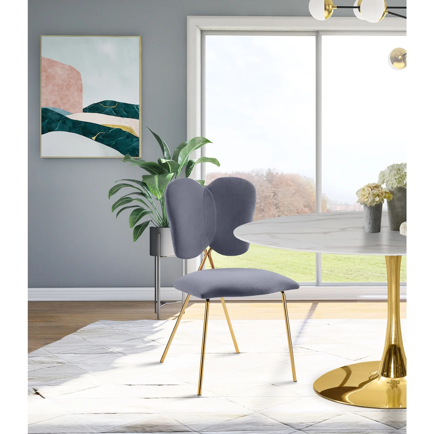 Maykoosh Artisanal Attic Velvet Upholstered Dining Chair with Butterfly Shaped Back and Sturdy Gold Iron Legs